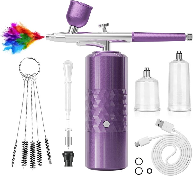 crpen Airbrush Kit Rechargeable Cordless Airbrush Compressor Portable Handheld Airbrush Air Brush for Model Painting,Nail Art,Cake decoration,Makeup, Barber (Purple) - Image 1